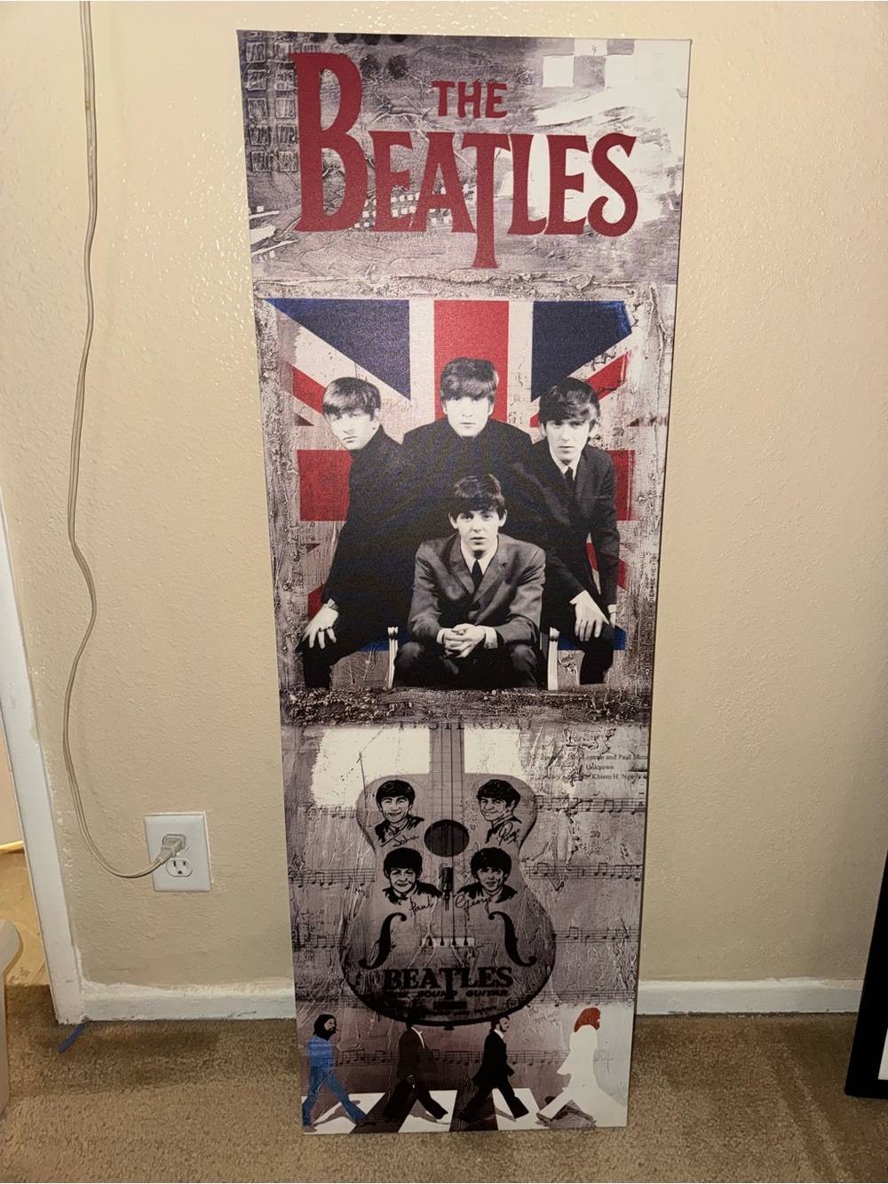 The Beatles with a Union Jack background and a guitar graphic vertical canvas